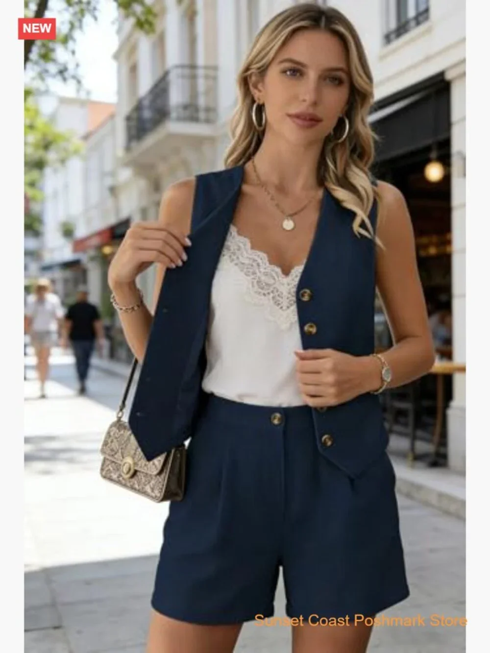 Womens 2 Piece Button Down Vest and Shorts Set with Pockets Matching Summer - Picture 5 of 7